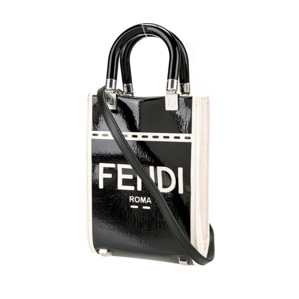 NEW Fendi Black Patent Leather Mini Sunshine Tote Top Handle Crossbody Bag